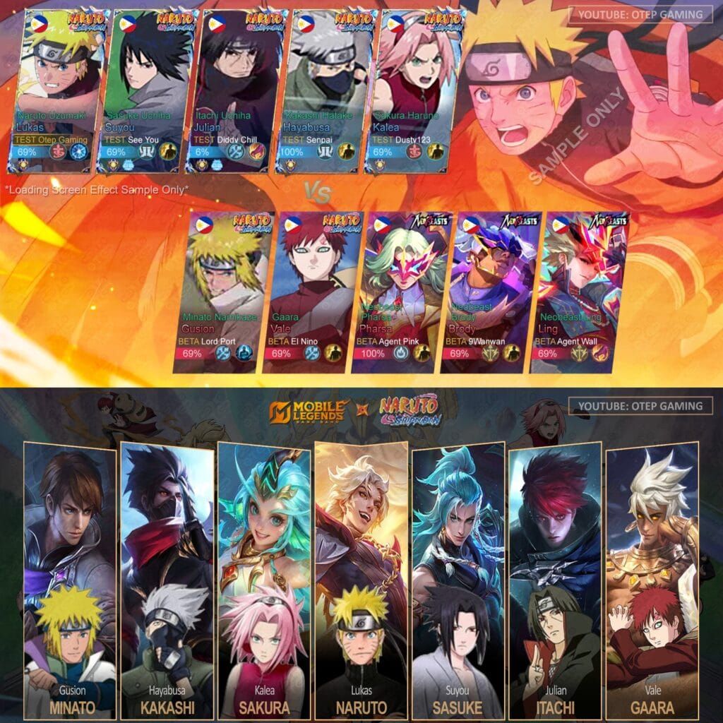 Mobile Legends x Naruto collaboration skins collection featuring all five character skins