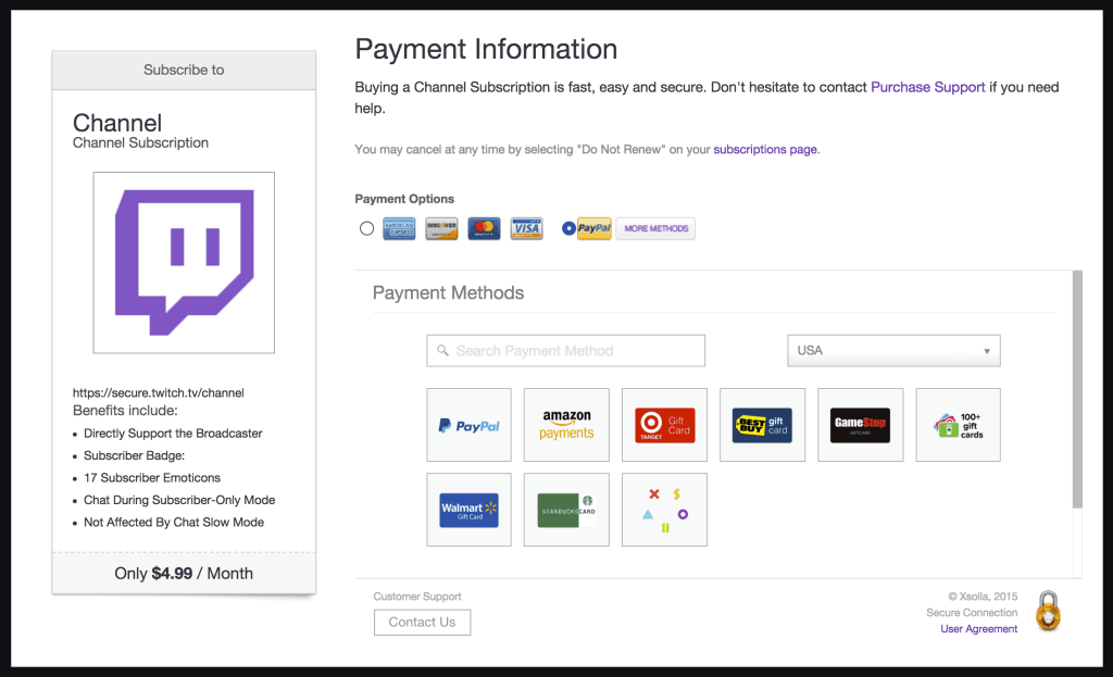 Interfața de plată web Twitch care aplică creditul cardului cadou din portofel
