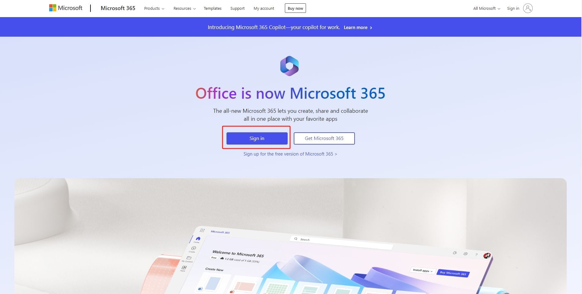 Subscriptions tab inside Microsoft Office user portal