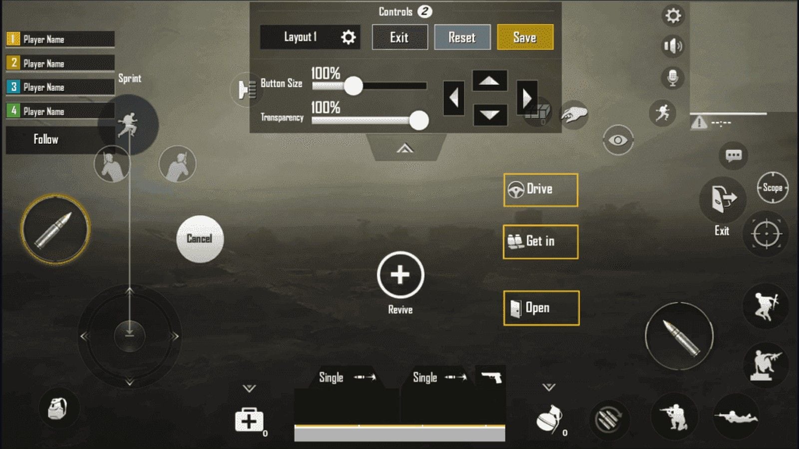 Editor HUDu PUBG Mobile s posuvníky velikosti tlačítek a průhlednosti