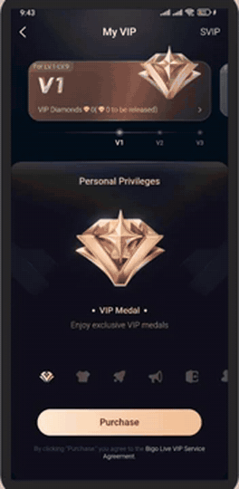 Grabación de pantalla animada de la página My VIP de Bigo Live: al tocar Purchase se abre la ventana emergente Purchase VIP 1 con las opciones Monthly, 1 Month y 3 Months