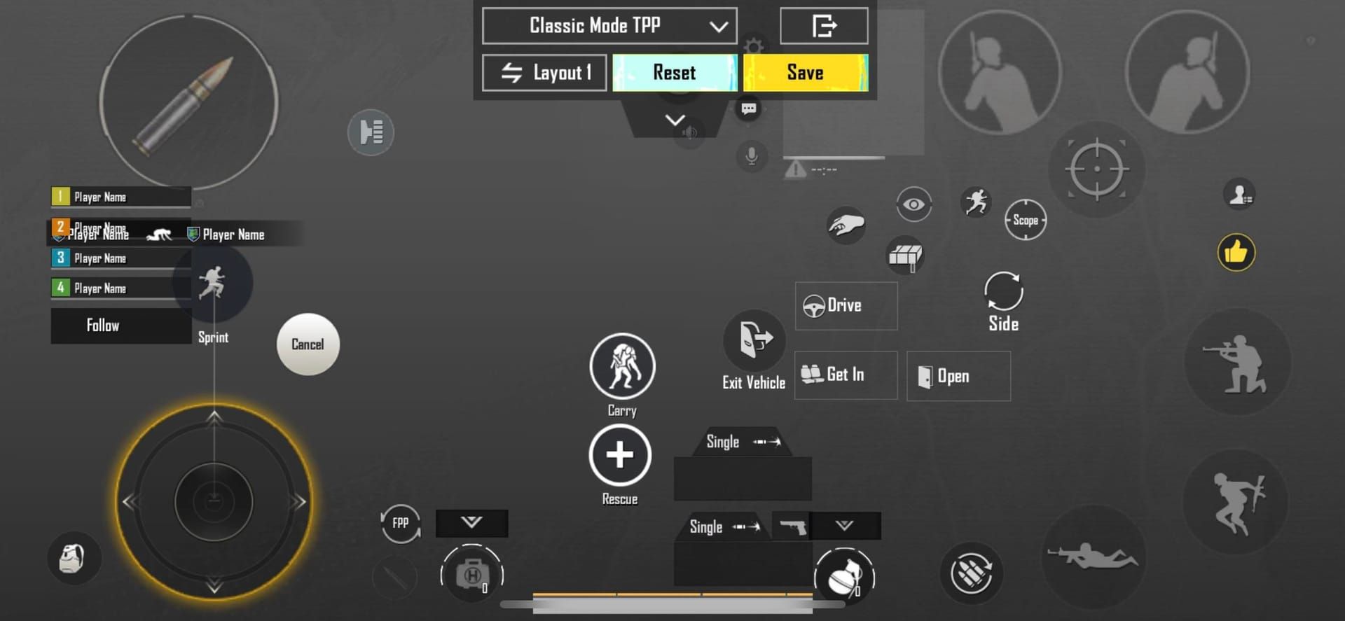PUBG Mobile HUD customization interface displaying button placement and control layout options