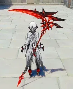 Crimson Moon's Semblance transforming into crimson scythe form during Arlecchino's combat