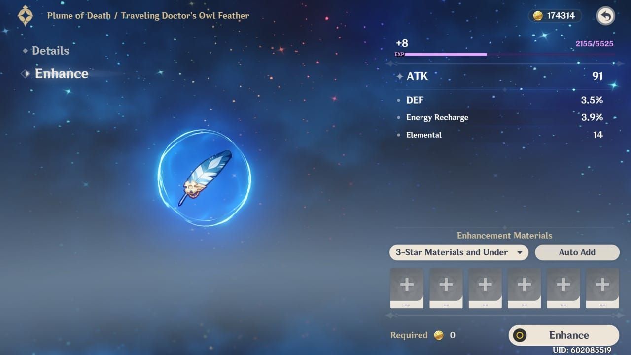 Genshin Impact artifact enhancement screen demonstrating EXP retention mechanics