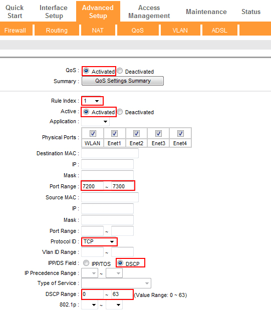Router administration interface displaying QoS settings for gaming optimization