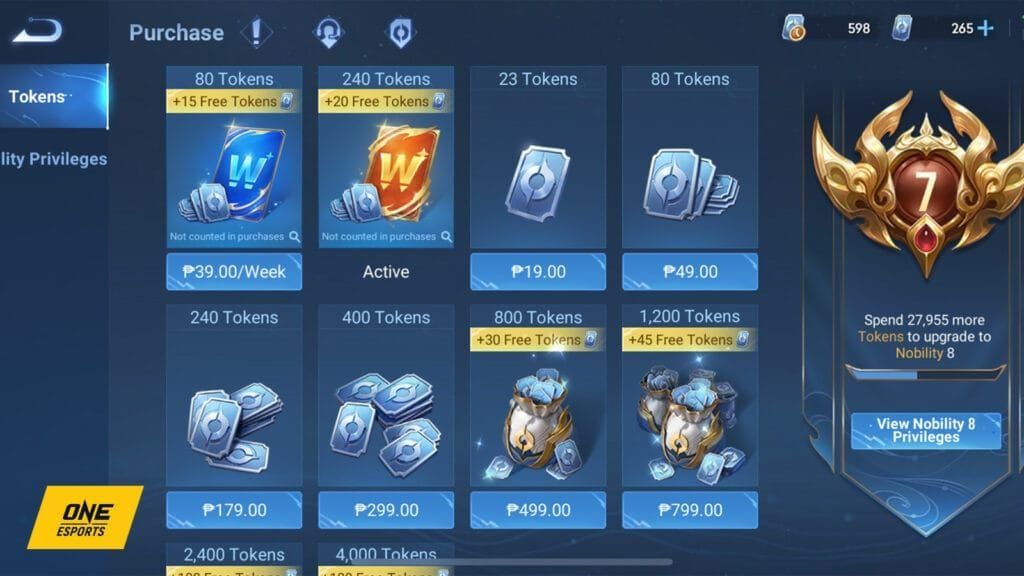 Comparison chart showing Honor of Kings token pricing differences between USD and HKD regional markets