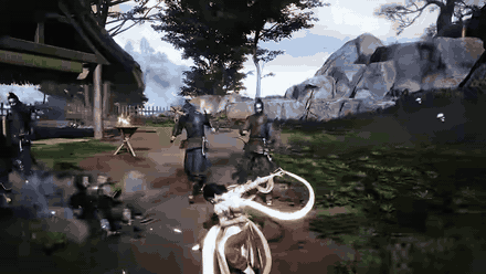 Animated clip of the new Waist Drum weapon in combat, a white-clad fighter spinning ribbons through a group of enemies in a village yard