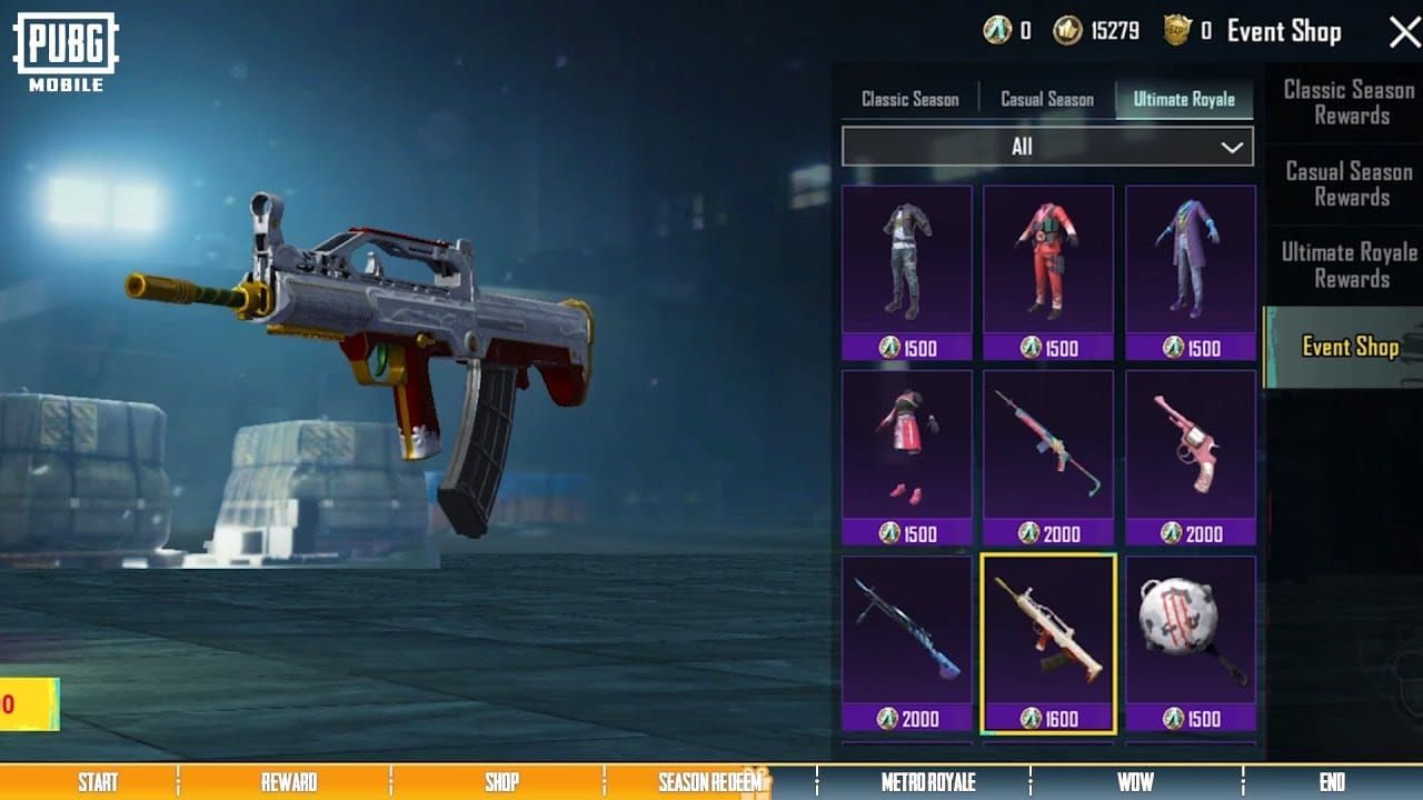 PUBG Mobile seasonal event interface displaying UC rewards and participation requirements
