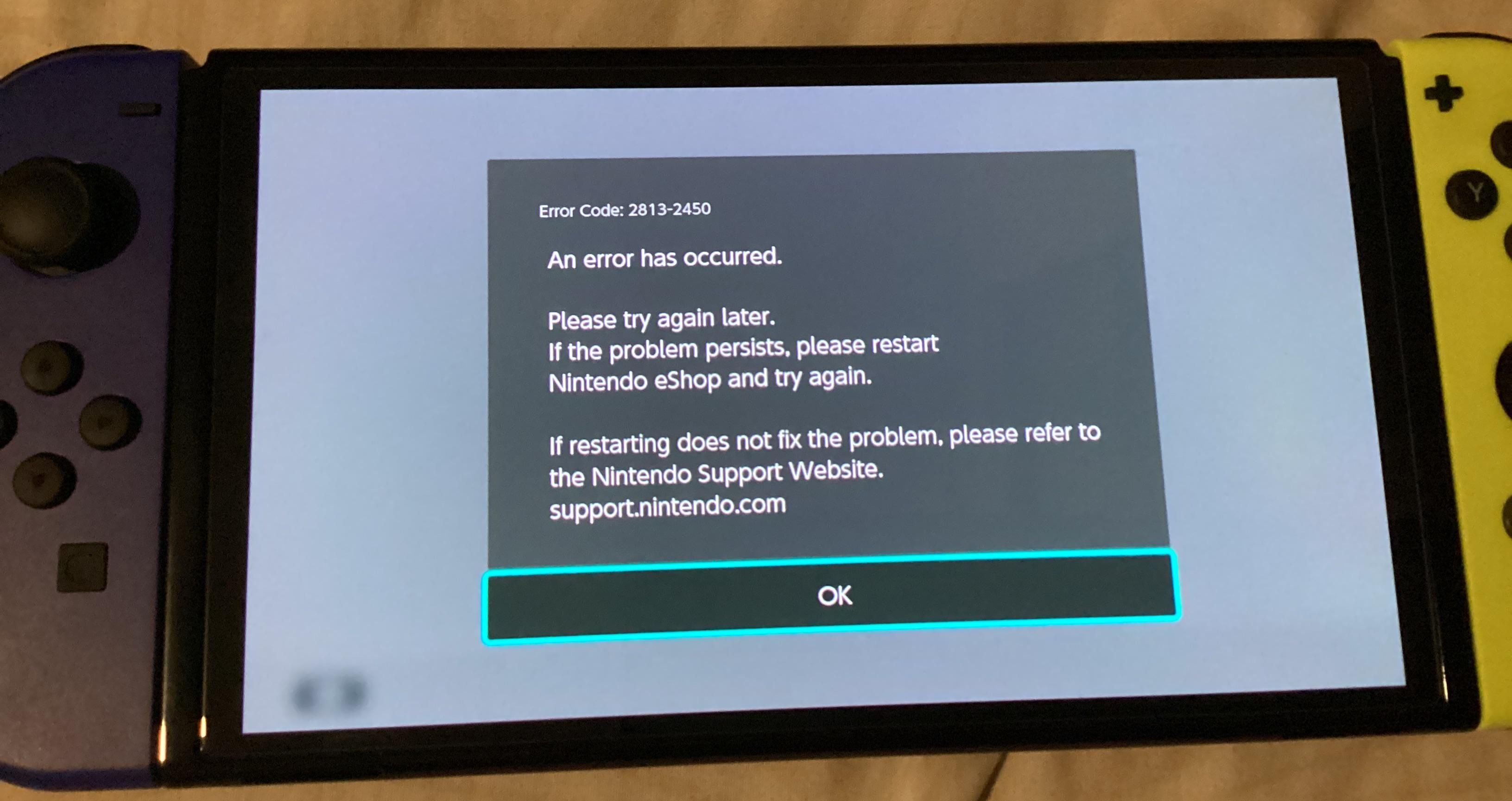 Nintendo Switch exibindo o código de erro 2813 durante o resgate de código