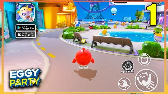 Eggy Party gameplay screenshot met strategisch geplaatste checkpoint-pijlen op een aangepaste kaart