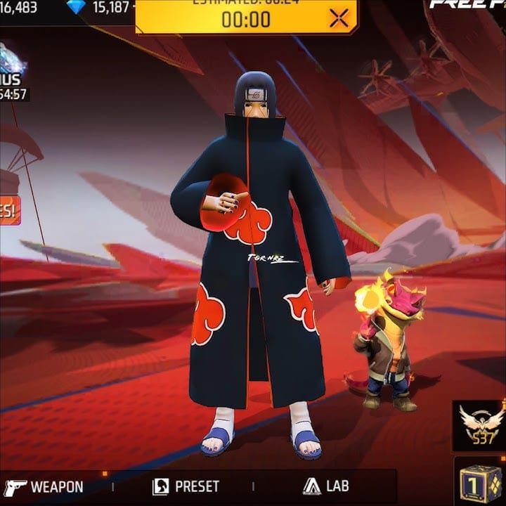 Free Fire宇智波鼬角色设计，展示了写轮眼能力和独特的视觉效果