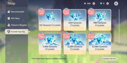 Genshin Impact shop interface showing Crystal Top-Up section with purchase options
