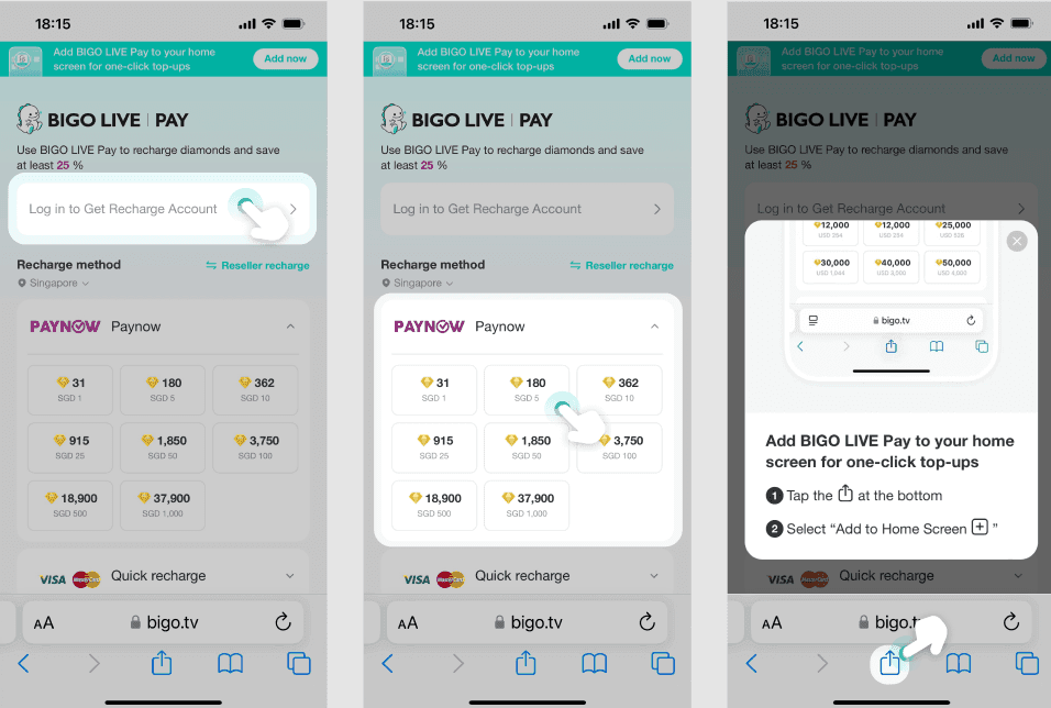 Visual guide showing various payment options for Bigo Live Diamond purchases including credit cards and digital wallets