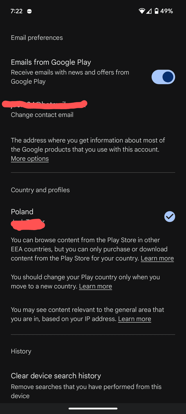 Google Payments profile settings showing country and address selection
