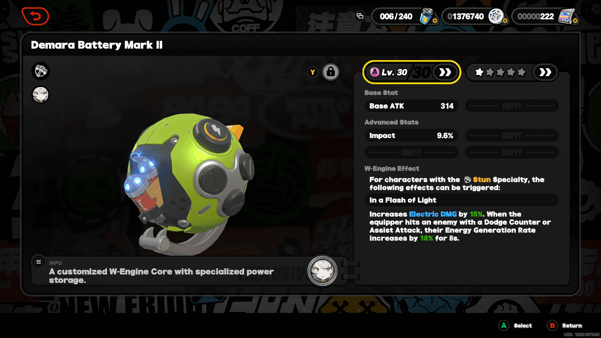 Zenless Zone Zero W-इंजन उपकरण इंटरफ़ेस, जिसमें हस्ताक्षर हथियार दिखाए गए हैं