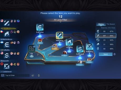 Interfața ecranului de draft din Mobile Legends Bang Bang cu selecția de ban pentru Gloo