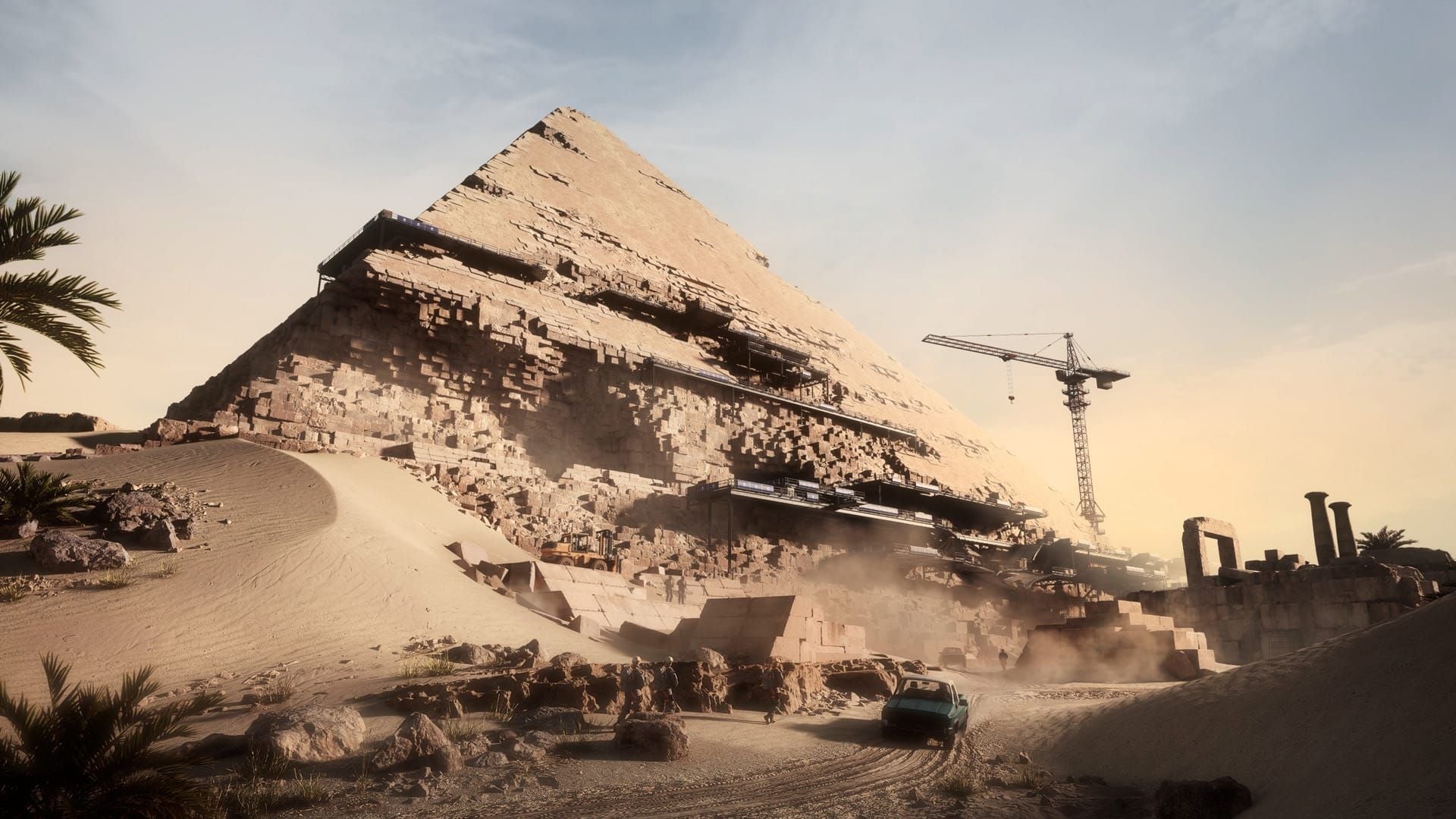 델타 포스 기념비 맵이 모래 폭풍 날씨 동안 가시성 감소 및 사막 환경을 보여줌