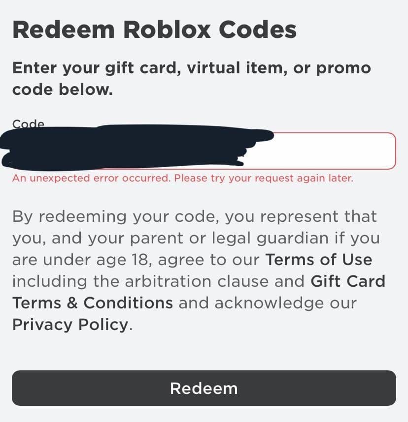 Comparație a mesajelor de eroare ale cardurilor cadou Roblox: invalid, răscumpărat, blocat pe regiune