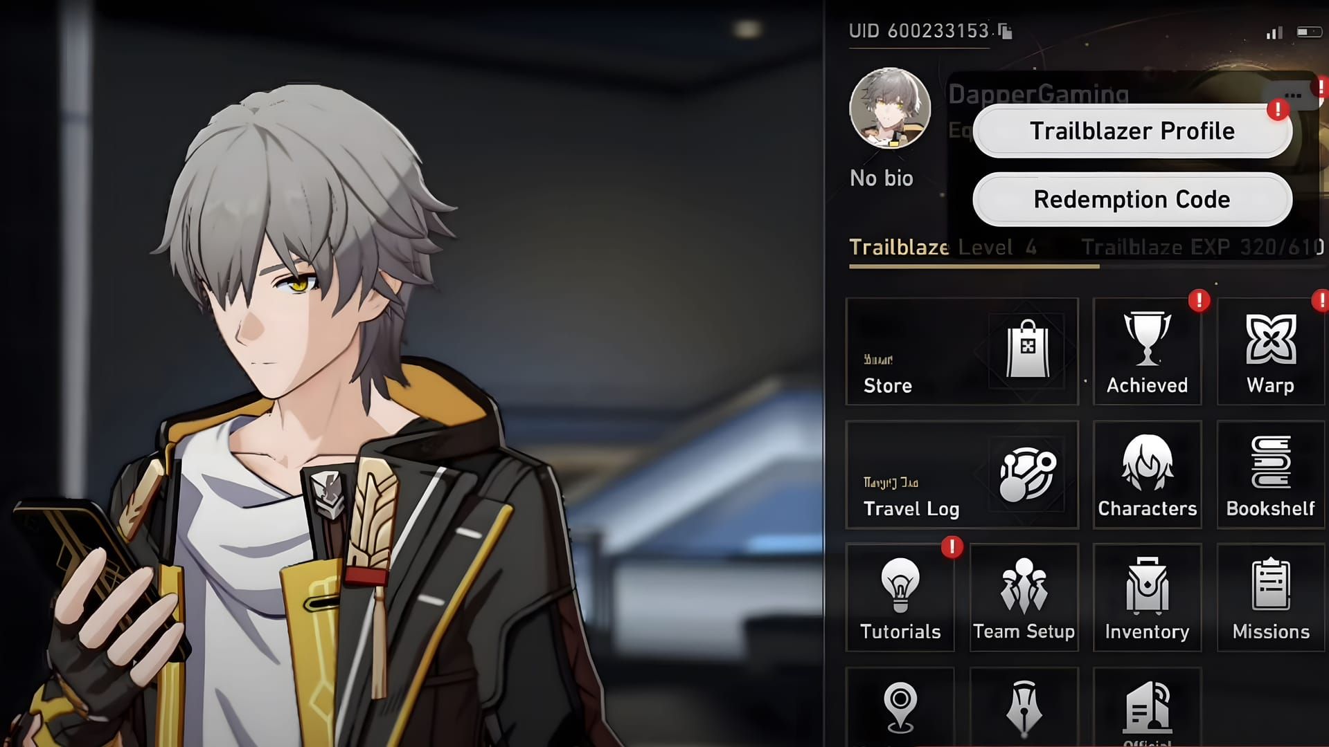 Menu dalam game Honkai Star Rail menampilkan jalur ke fitur kode penukaran