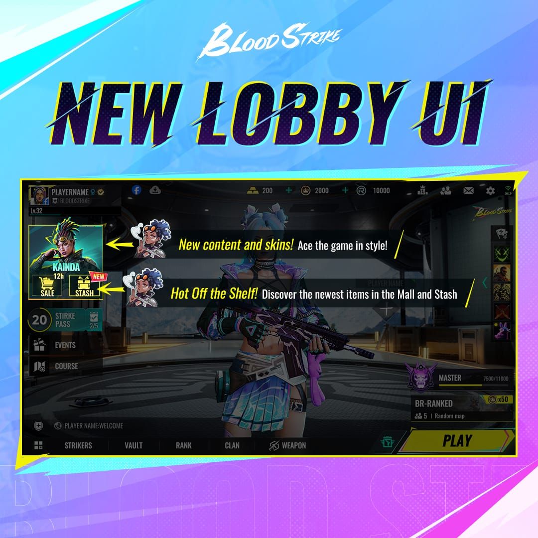 Interfața lobby-ului principal Blood Strike afișând pictograma meniului Events în partea stângă pentru accesul la revendicarea codurilor