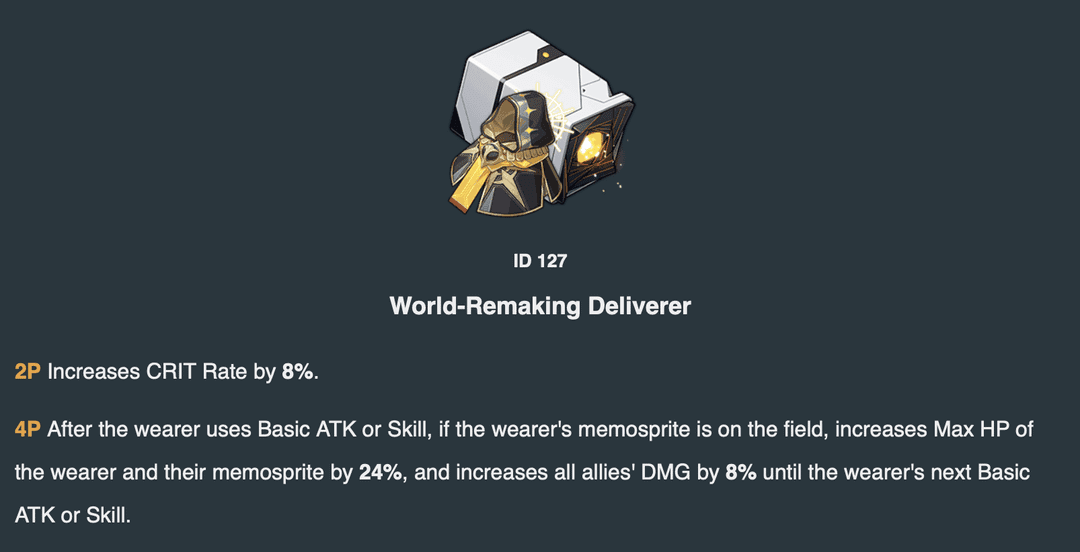 World-Remaking Deliverer relic set interface showing stats and set bonuses