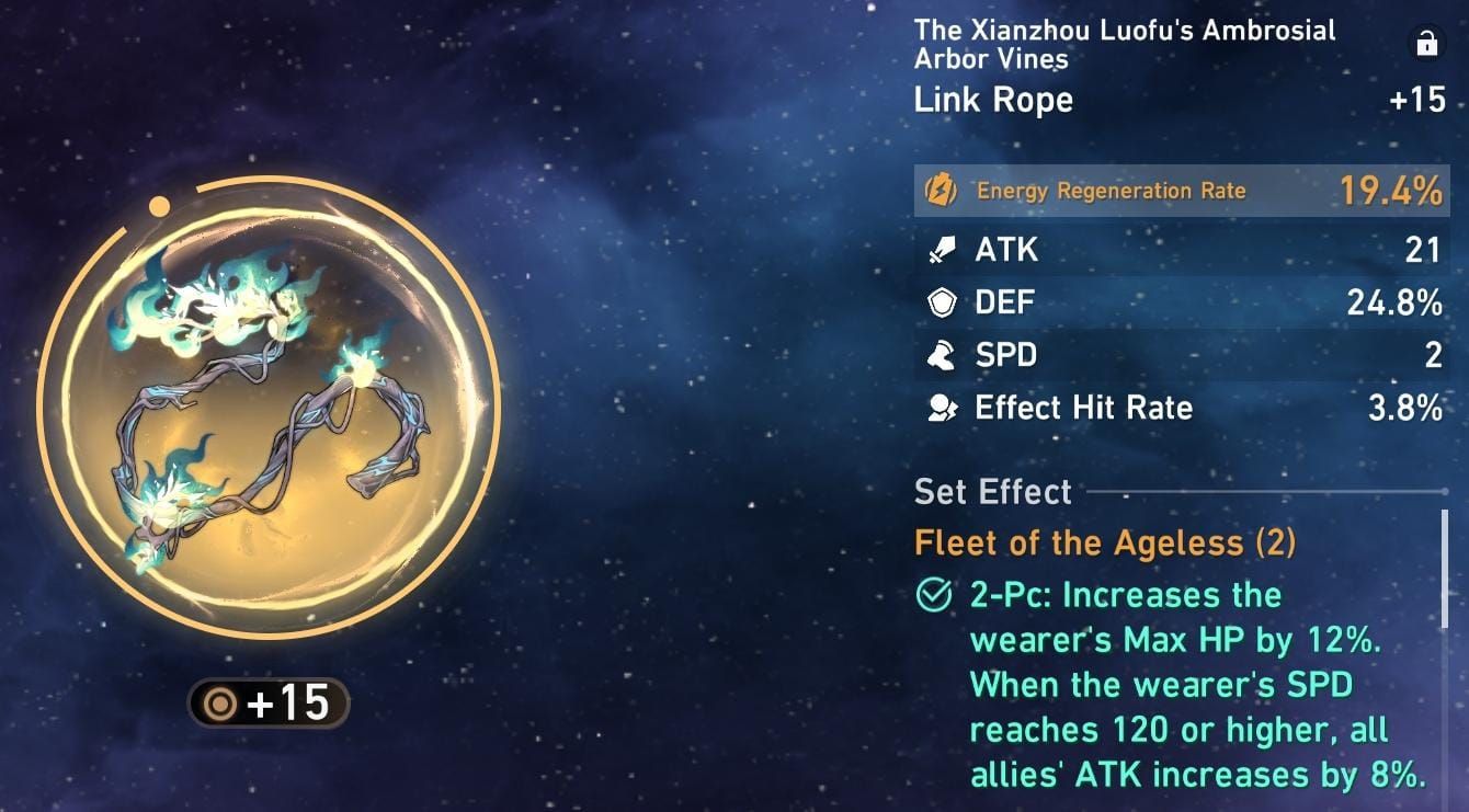 Contoh statistik utama Energy Regen relic Link Rope Honkai Star Rail