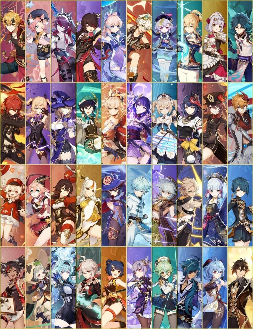 All eight selectable characters from Genshin Impact anniversary selector including Diluc, Jean, Qiqi, Mona, Keqing, Tighnari, Dehya, and Yumemizuki Mizuki