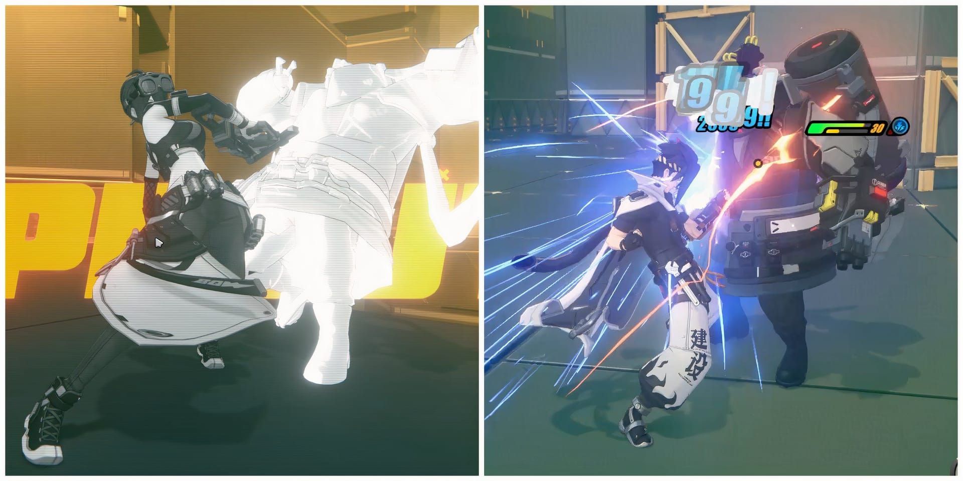 Captura de tela de jogabilidade de Zenless Zone Zero de esquiva perfeita com flash laranja usando controle