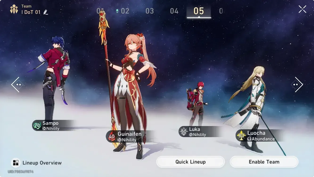 Optimal DoT team composition in Honkai Star Rail featuring Hysilens, Kafka, Black Swan, and Huohuo
