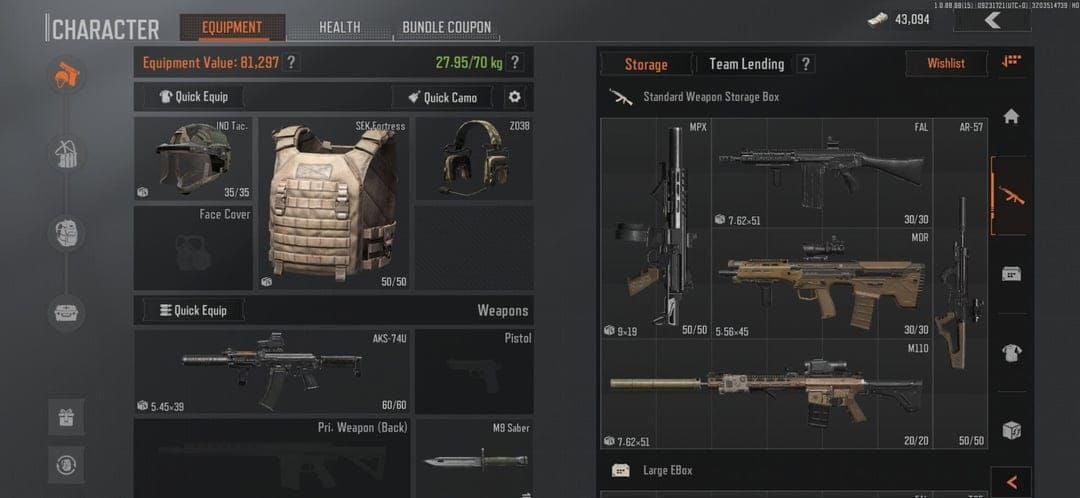 Arena Breakout character equipped with complete budget gear set including armor and medical supplies