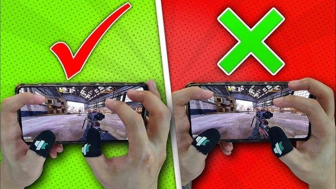 Hands demonstrating 4-finger claw grip technique on mobile device playing PUBG Mobile