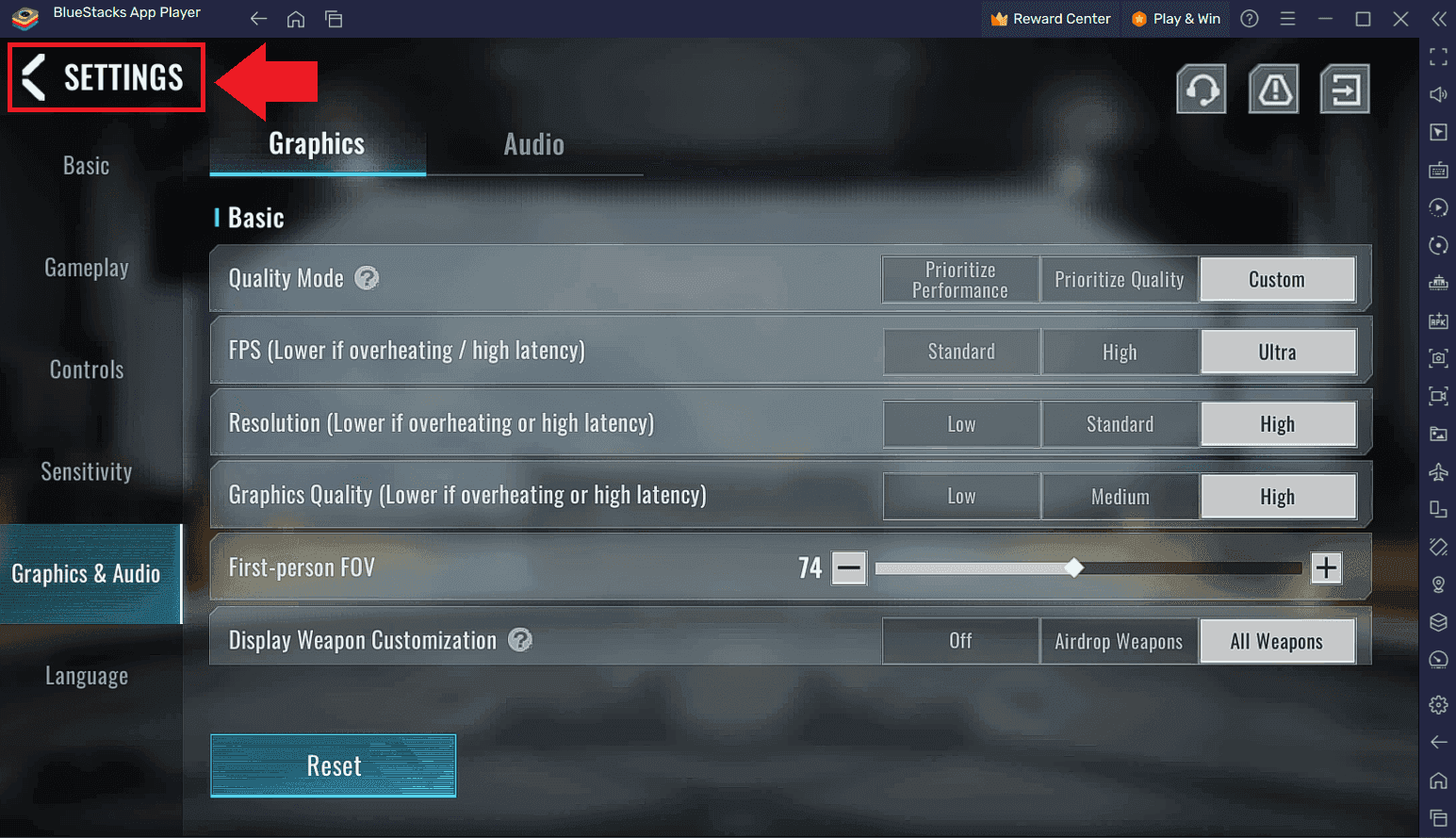 Interfejs handlu w punkcie zaopatrzenia Blood Strike wyświetlający menu zakupu broni i wyposażenia