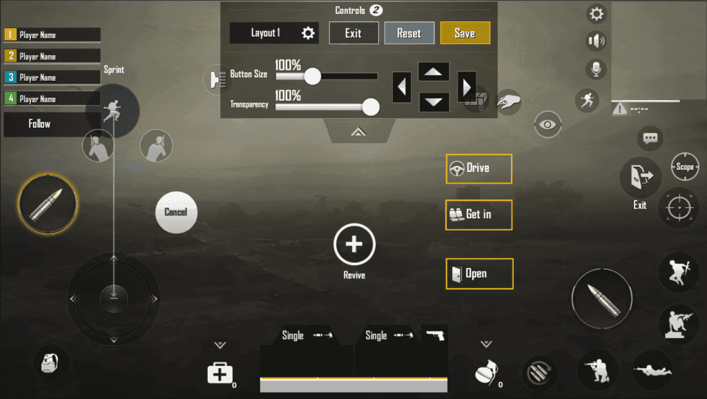 Posuvníky pro úpravu velikosti a průhlednosti tlačítek v PUBG Mobile nastavené po importu claw rozvržení