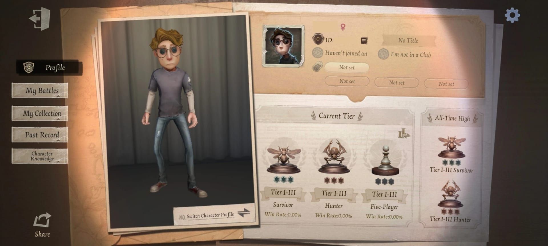 Pantalla de perfil dentro del juego de Identity V mostrando el UID y el panel de personaje