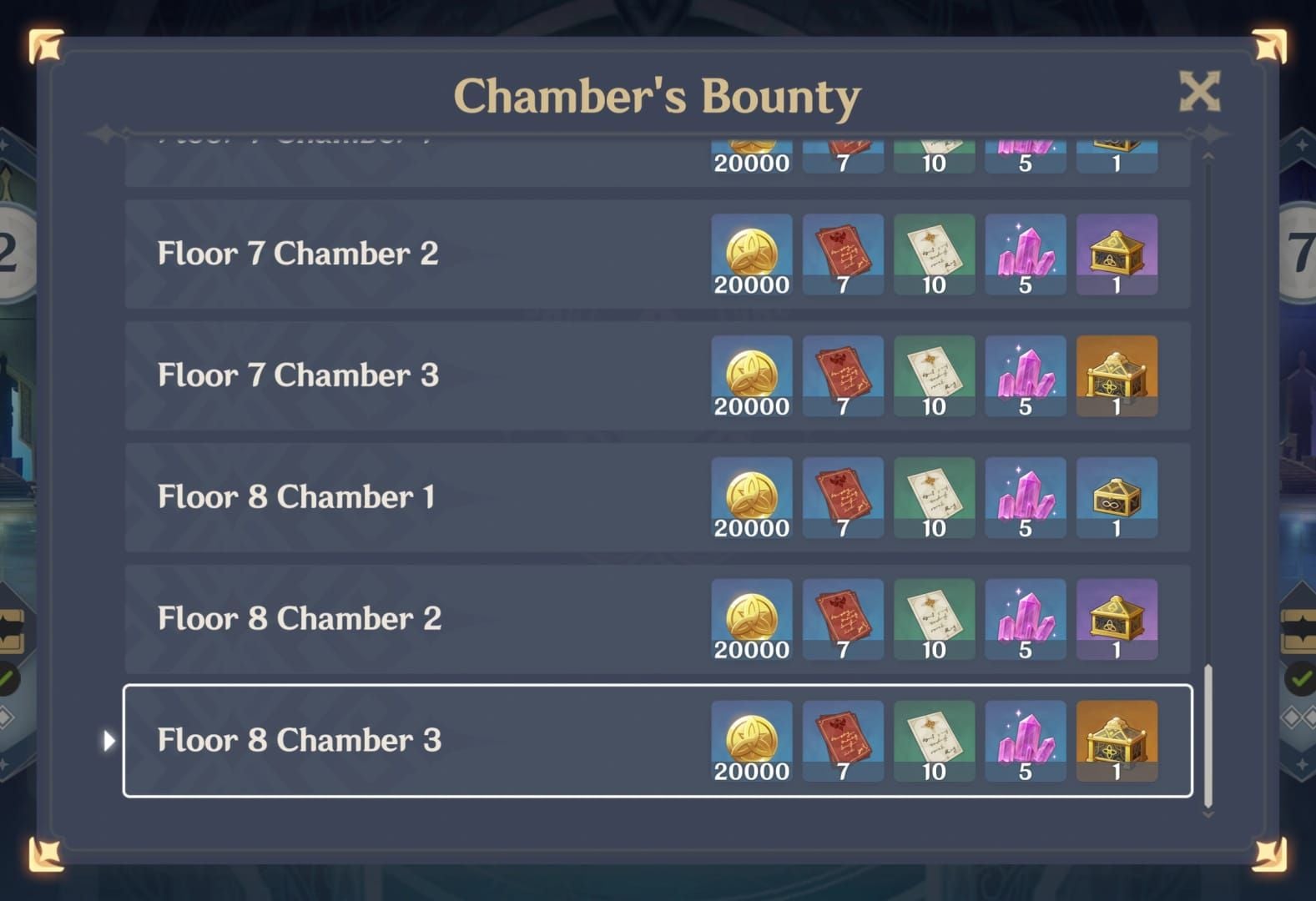 Screenshot delle ricompense dei piani dell'Abisso a Spirale di Genshin Impact con le primogemme delle stelle