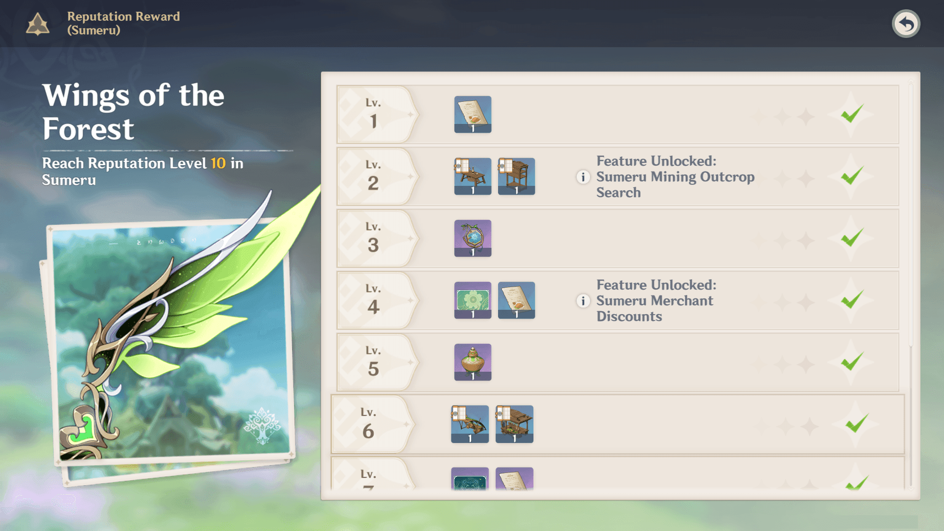 Essential Genshin Impact reputation reward gadgets including NRE Menu, Portable Waypoint, and Condensed Resin