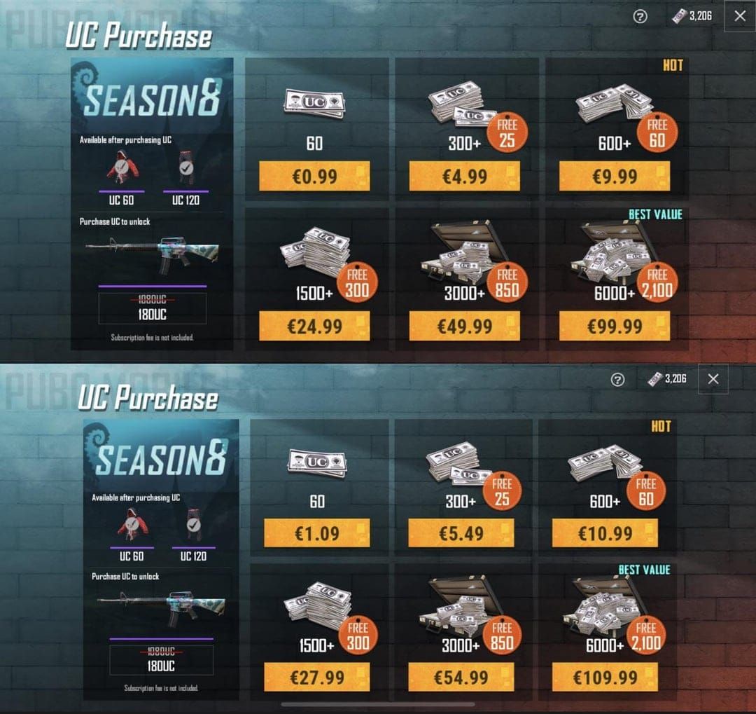 Value comparison chart showing PUBG Mobile A14 Bonus Pass savings versus individual item purchases