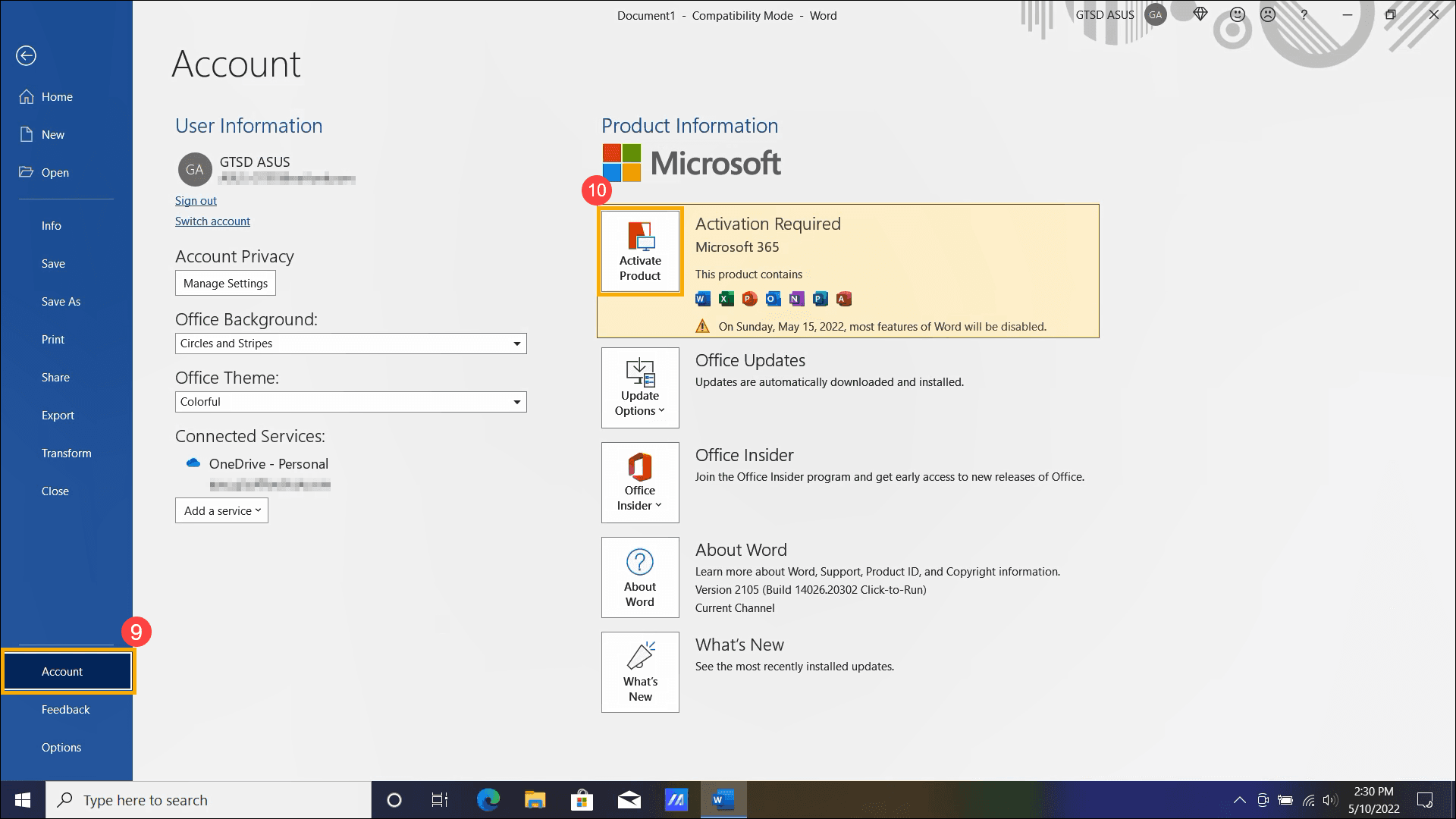 Product Information pane in Microsoft Office on Windows