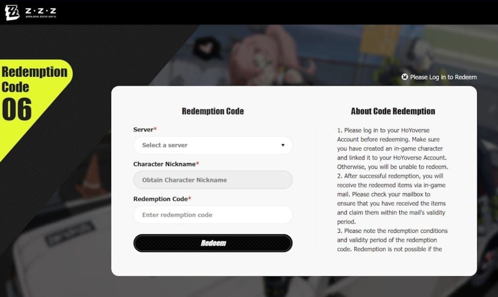 Antarmuka situs web redeem resmi Zenless Zone Zero dengan kolom input kode dan pilihan server