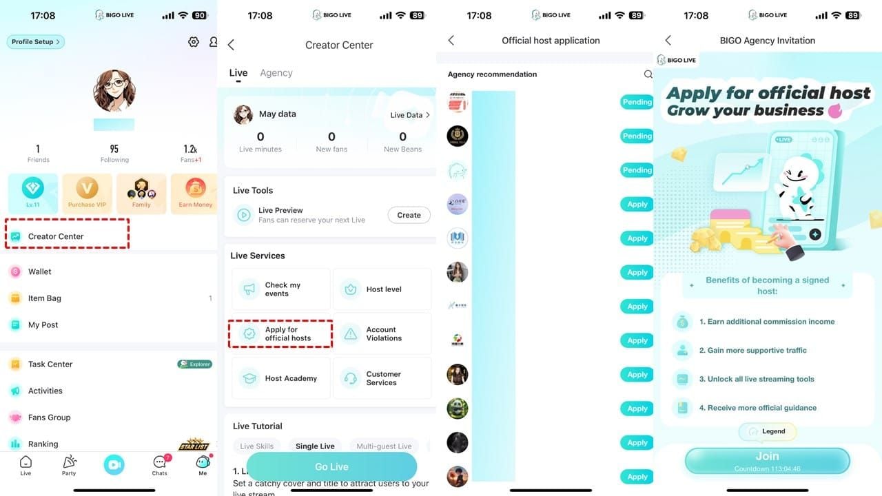 Bigo Live Official Host program interface displaying benefits and requirements for creators
