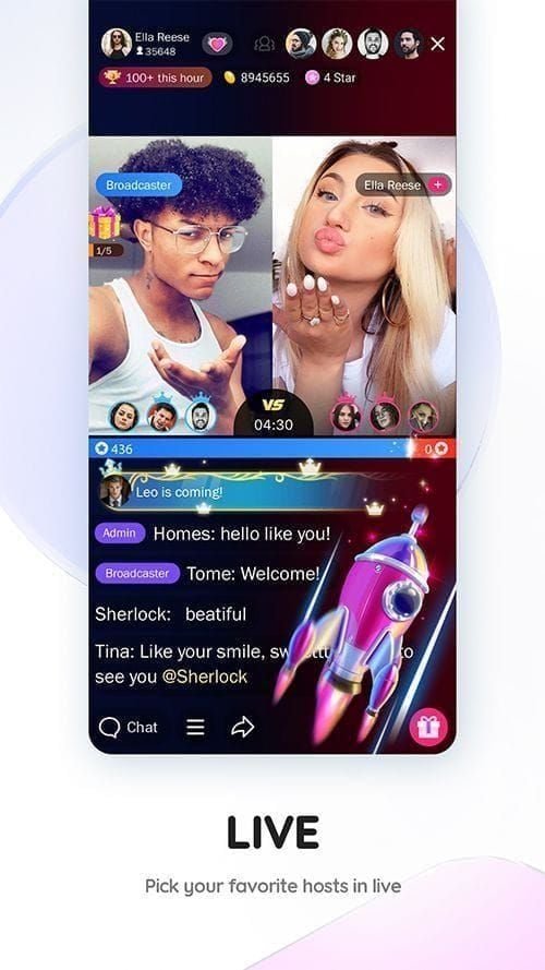 واجهة معركة Team PK في Likee Live مع عدة مضيفين وتجميع للمشاهدين