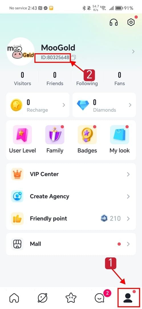 YoHo Group Voice Chat player profile interface with visible UID for top-up
