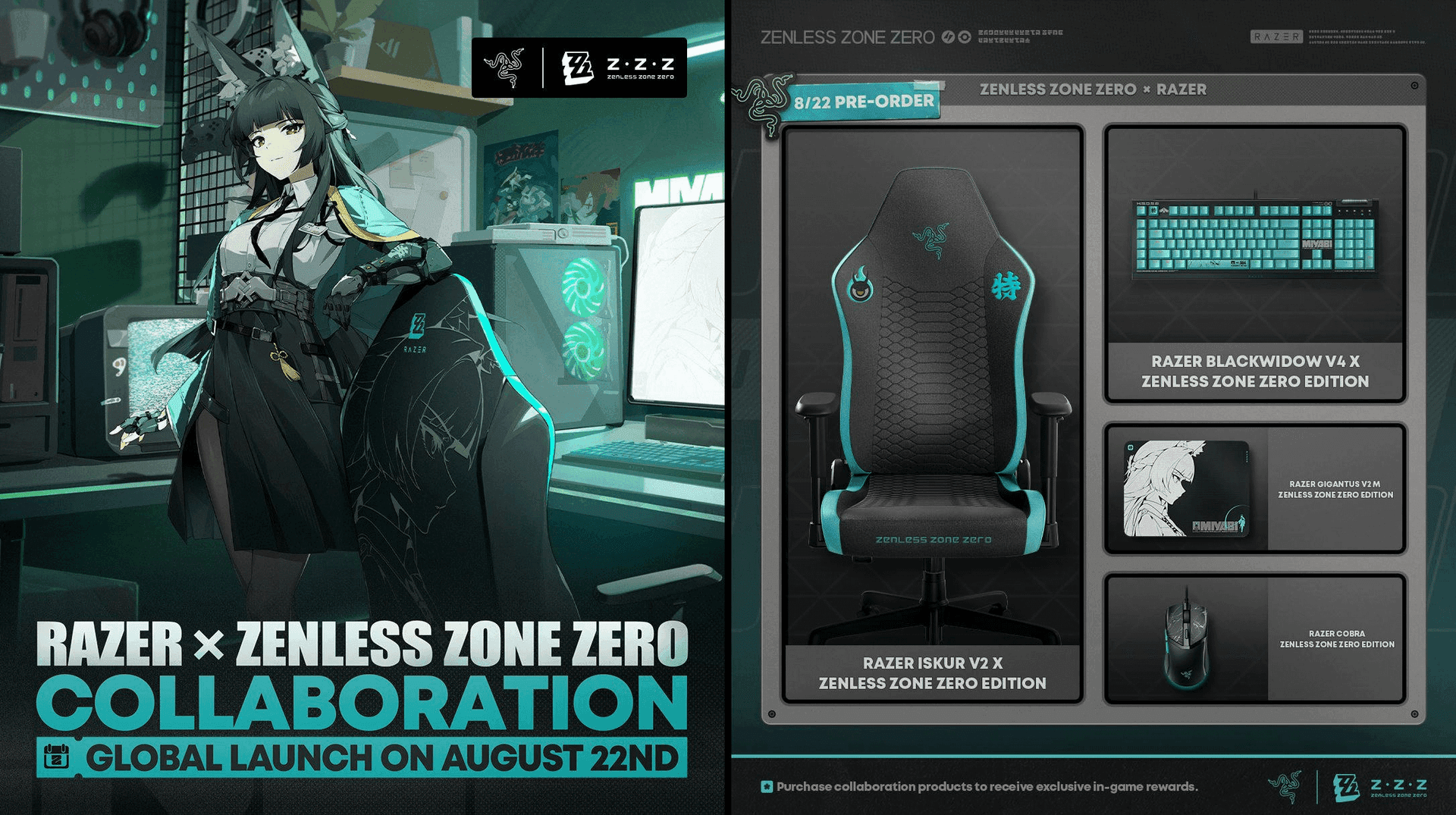 Razer gaming peripherals featuring Zenless Zone Zero Hoshimi Miyabi themed designs including keyboard and mouse