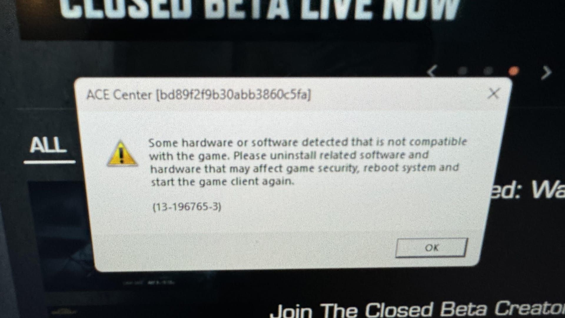 Arena Breakout Infinite ACE Anti-Cheat detection error message