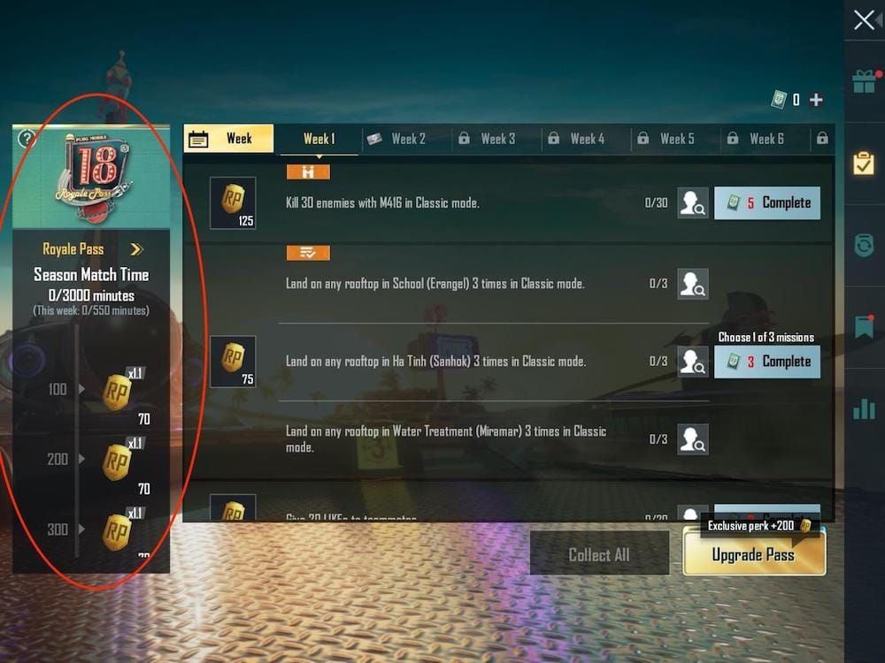 PUBG Mobile Royale Pass missions interface displaying daily and weekly challenges with RP point rewards