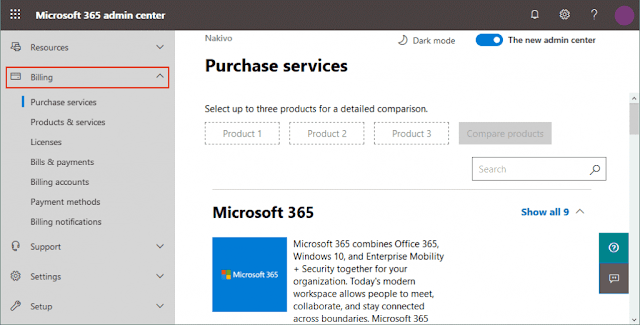 Microsoft 365 管理センターの契約製品一覧画面