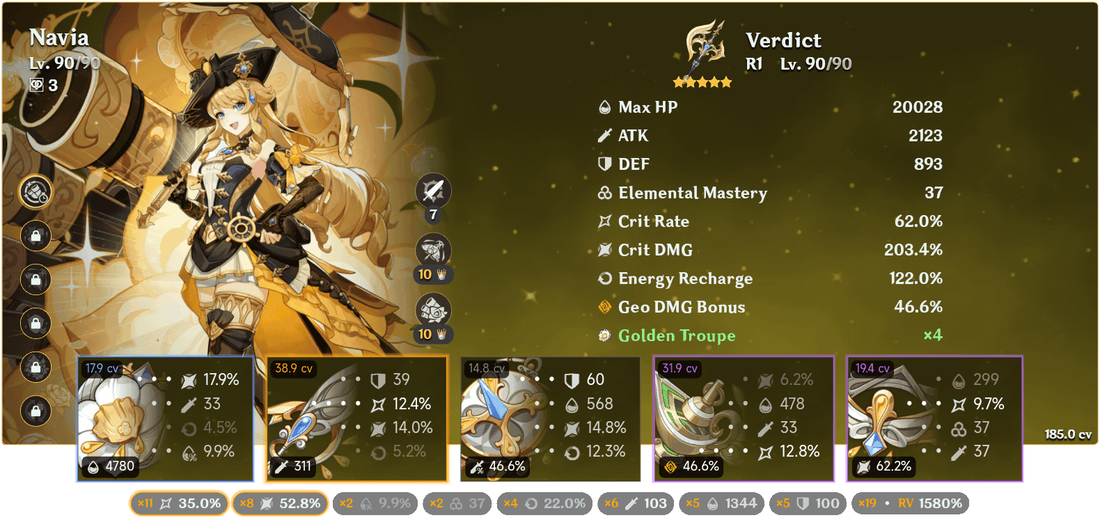 Screenshot of Navia's Ceremonial Crystalshot elemental skill showing damage output