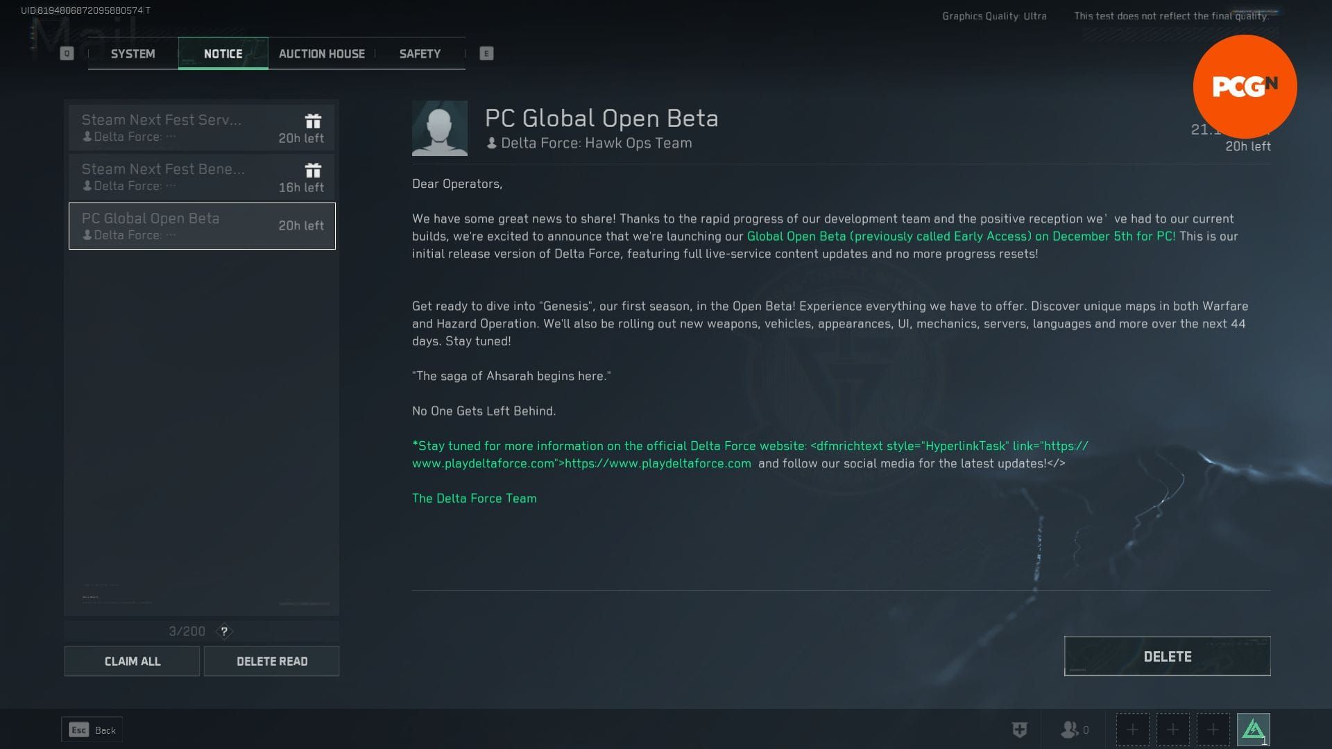 Écran des options de lancement des propriétés Steam de Delta Force avec le paramètre -dx11 pour corriger le bug AMD