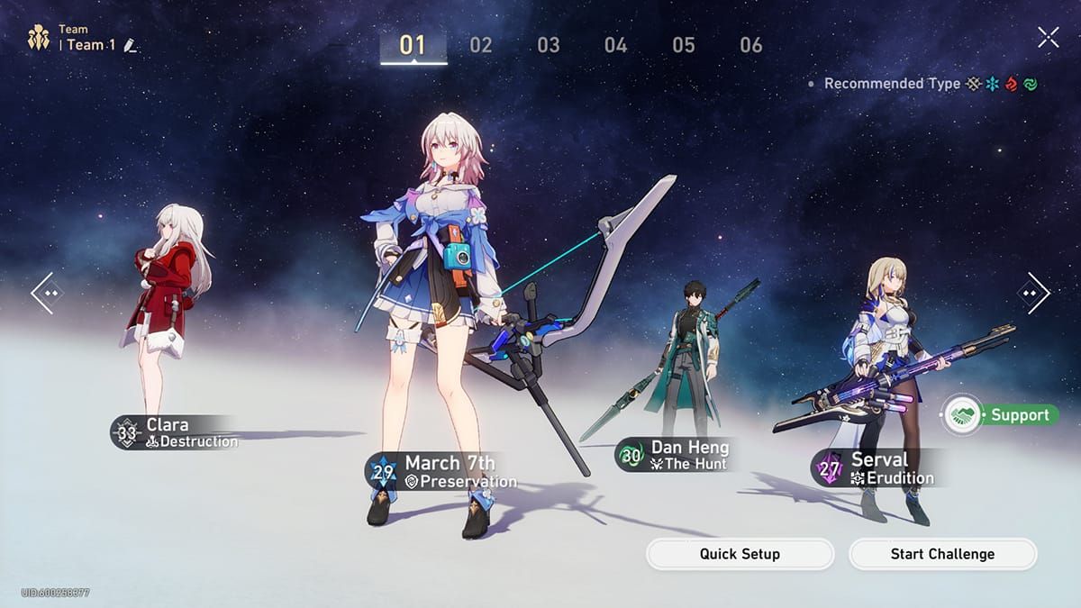 Support character selection screen in Honkai Star Rail showing borrowed characters