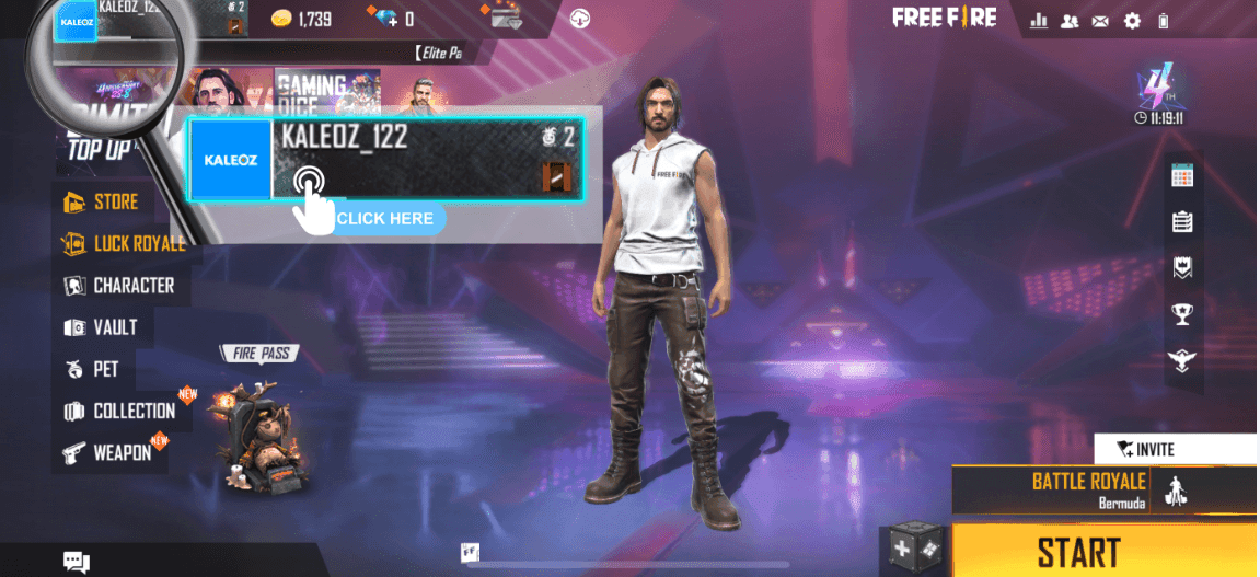 Free Fire game interface highlighting where to find Player ID by tapping avatar